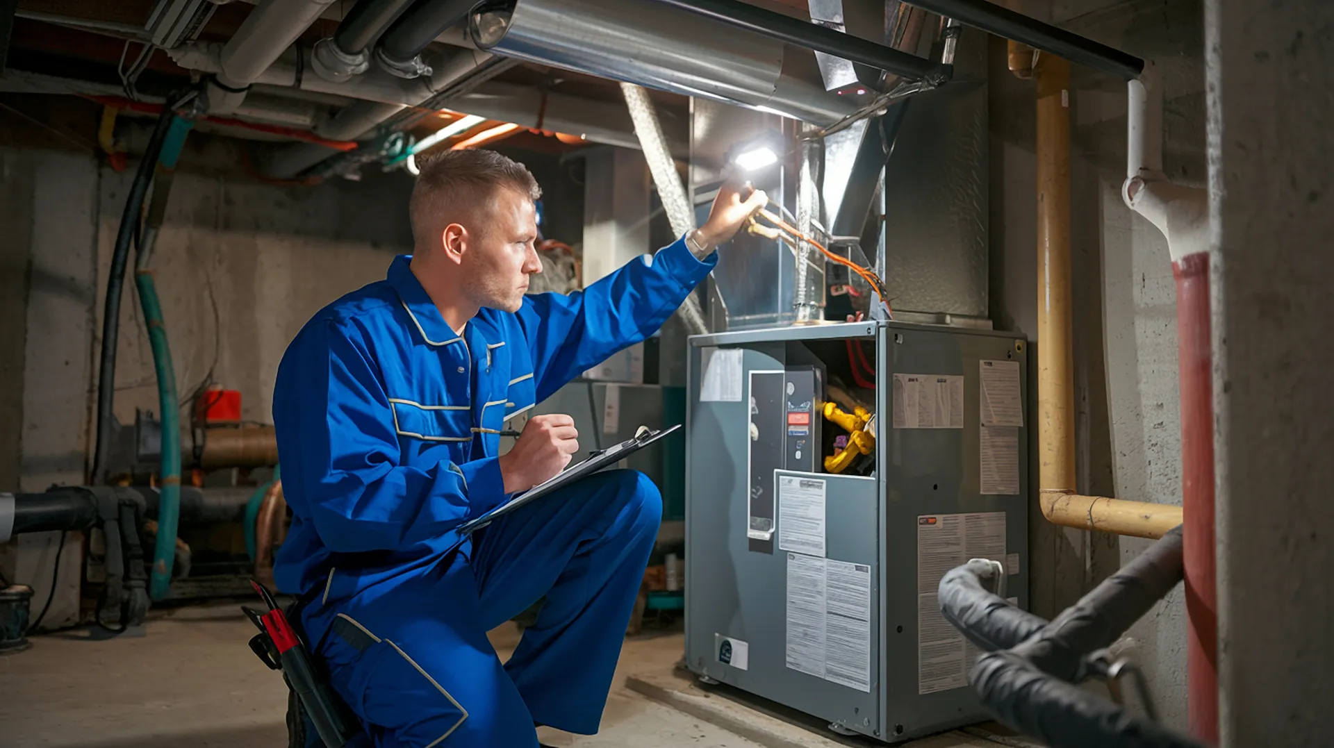 A focused HVAC technician in a blue jumpsuit kneeling in a basement while using a flashlight and clipboard to inspect a residential furnace system.