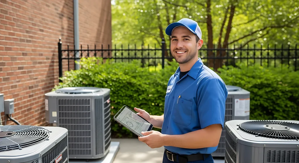 A smiling HVAC technician in a blue uniform and cap holding a tablet while standing next to outdoor air conditioning units during a residential service call.