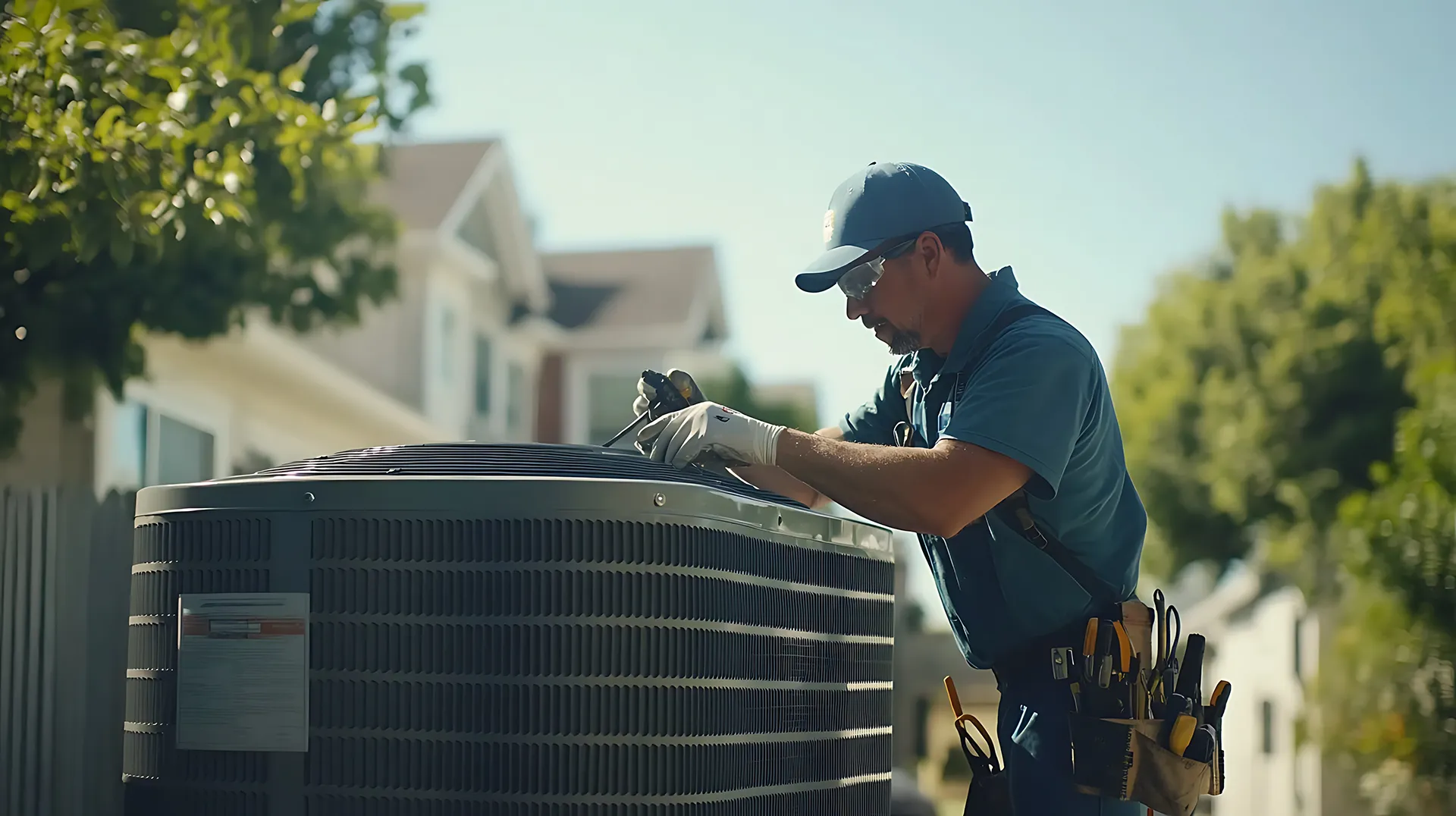 Professional HVAC technician in a blue uniform and safety glasses performing maintenance on an outdoor residential air conditioning unit in a suburban neighborhood.