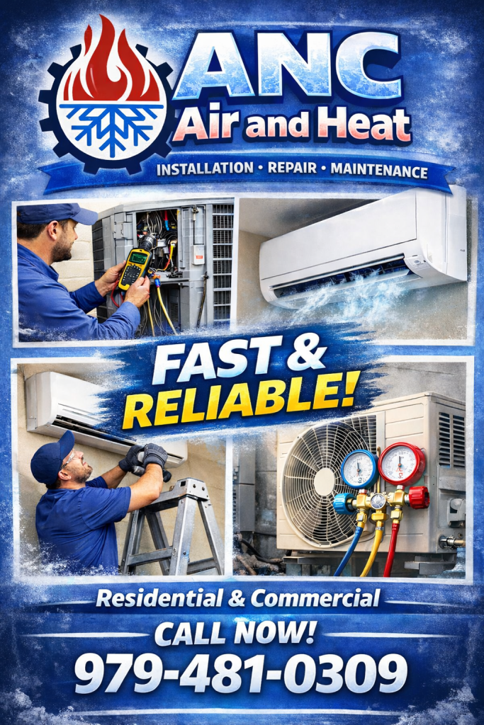 Blue-themed advertisement for ANC Air and Heat showing technicians working on outdoor AC units and indoor mini-split systems.